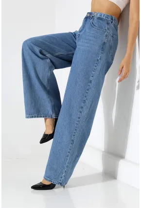 Yüksek Bel Geniş Paça Düz Kesim Mavi Jean Pantolon