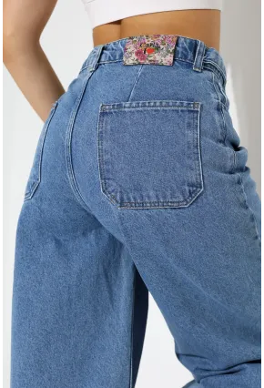 Yüksek Bel Geniş Paça Düz Kesim Mavi Jean Pantolon