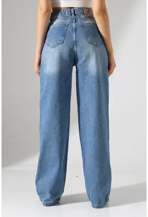 Yüksek Bel Geniş Paça Mavi Jean Pantolon
