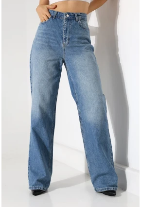 Yüksek Bel Geniş Paça Mavi Jean Pantolon