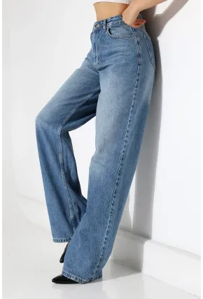 Yüksek Bel Geniş Paça Mavi Jean Pantolon