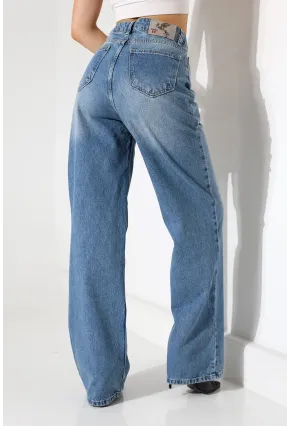 Yüksek Bel Geniş Paça Mavi Jean Pantolon