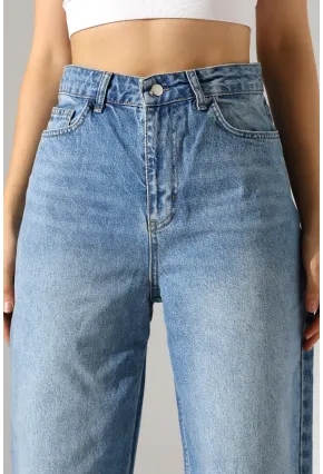 Yüksek Bel Geniş Paça Mavi Jean Pantolon