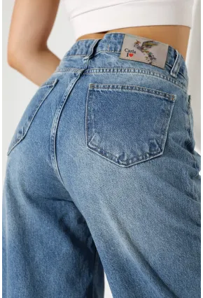 Yüksek Bel Geniş Paça Mavi Jean Pantolon
