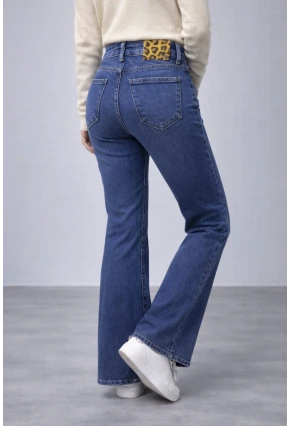 Yüksek Bel Lacivert İspanyol Paça Jean Pantolon