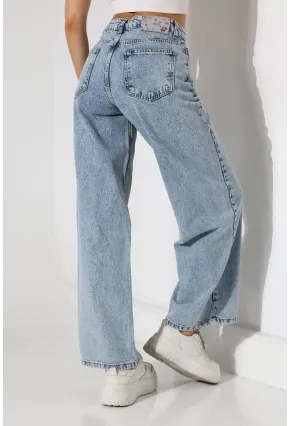 Yüksek Bel Rahat Kesim Düz Paça Jean Buz Mavisi