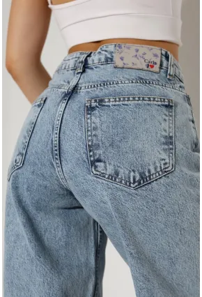 Yüksek Bel Rahat Kesim Düz Paça Jean Buz Mavisi