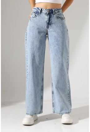 Yüksek Bel Rahat Kesim Düz Paça Jean Buz Mavisi