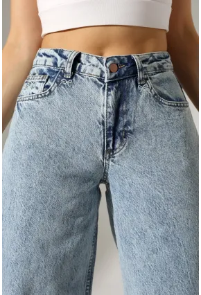 Yüksek Bel Rahat Kesim Düz Paça Jean Buz Mavisi