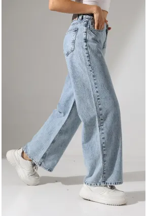 Yüksek Bel Rahat Kesim Düz Paça Jean Buz Mavisi