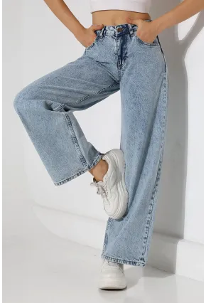 Yüksek Bel Rahat Kesim Düz Paça Jean Buz Mavisi