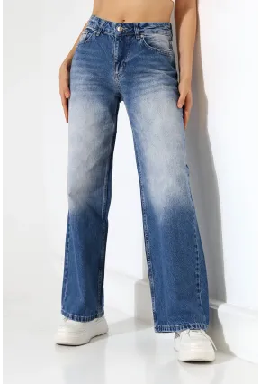 Yüksek Bel Wide Leg Açık Mavi Denim Jean Pantolon