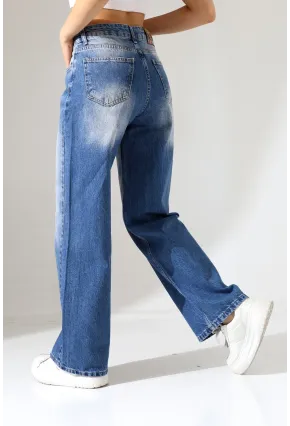 Yüksek Bel Wide Leg Açık Mavi Denim Jean Pantolon