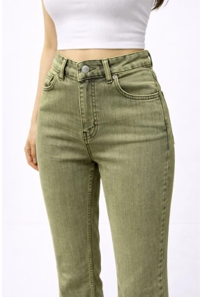 Yüksek Bel Yeşil Taşlanmış İspanyol Paça Jean Pantolon