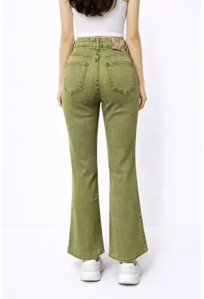Yüksek Bel Yeşil Taşlanmış İspanyol Paça Jean Pantolon