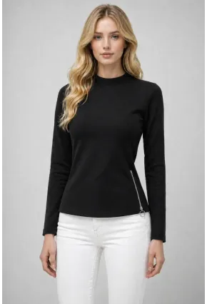 Siyah Dik Yaka Fermuar Detaylı Bluz – Yan Yırtmaçlı & Modern Fit