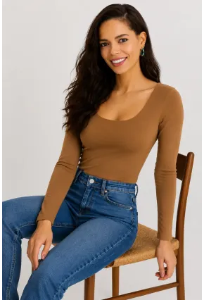 Kadın U Yaka Uzun Kollu Esnek Basic Bluz – Camel