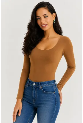 Kadın U Yaka Uzun Kollu Esnek Basic Bluz – Camel