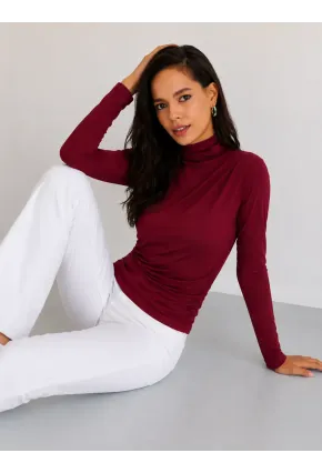 Kadın Bordo Drapeli Boğazlı Uzun Kollu Esnek Fit Bluz