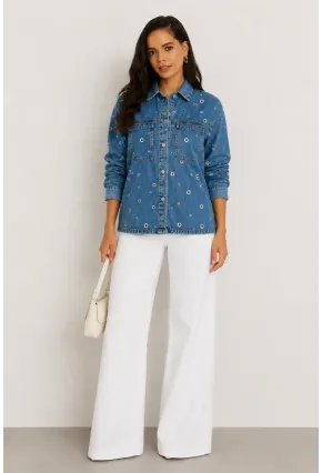 Kadın Mavi Kuş Gözü Detaylı Oversize Denim Jean Ceket