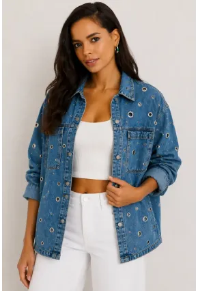 Kadın Mavi Kuş Gözü Detaylı Oversize Denim Jean Ceket