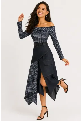Ekose & Denim Asimetrik Madonna Yaka Kemerli Kadın Elbise