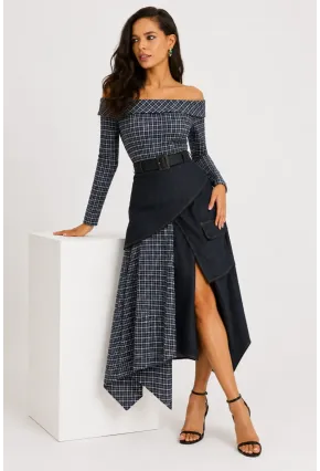Ekose & Denim Asimetrik Madonna Yaka Kemerli Kadın Elbise
