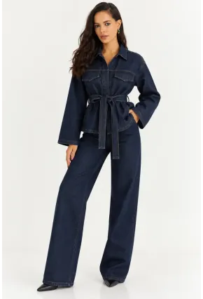 Kadın Koyu Lacivert Denim Kuşaklı Ceket & Bol Paça Jean İkili Takım
