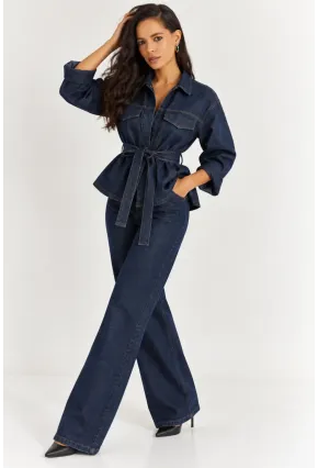 Kadın Koyu Lacivert Denim Kuşaklı Ceket & Bol Paça Jean İkili Takım