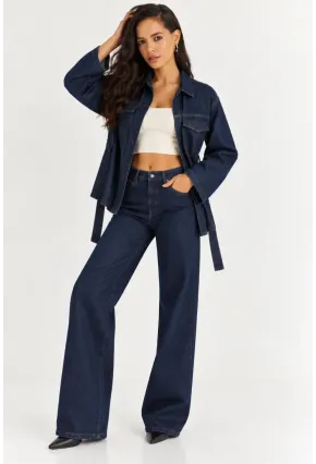 Kadın Koyu Lacivert Denim Kuşaklı Ceket & Bol Paça Jean İkili Takım