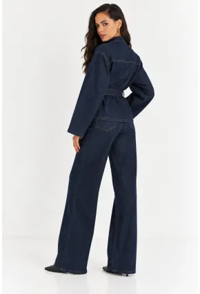 Kadın Koyu Lacivert Denim Kuşaklı Ceket & Bol Paça Jean İkili Takım