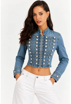 Kadın Premium Metal Düğme Detaylı Crop Denim Ceket