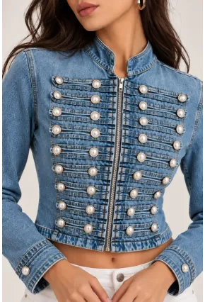 Kadın Premium Metal Düğme Detaylı Crop Denim Ceket