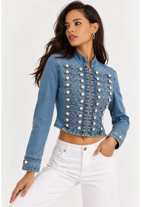 Kadın Premium Metal Düğme Detaylı Crop Denim Ceket