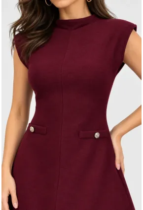 Bordo Dik Yaka A Kesim Mini Elbise