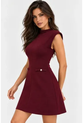 Bordo Dik Yaka A Kesim Mini Elbise