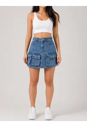 Açık Mavi Yıkamalı Cep Detaylı Denim Mini Etek