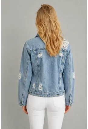 Açık Mavi Yıkamalı Yırtık Detaylı Denim Ceket