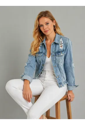 Açık Mavi Yıkamalı Yırtık Detaylı Denim Ceket