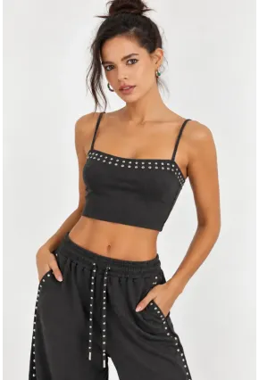 Antrasit Zımba İşlemeli Oversize Crop Hırka & İnce Askılı Atlet İkili Takım