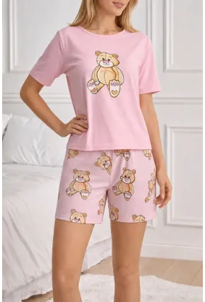 Ayıcık Baskılı Şortlu Kadın Pijama Takımı Pembe