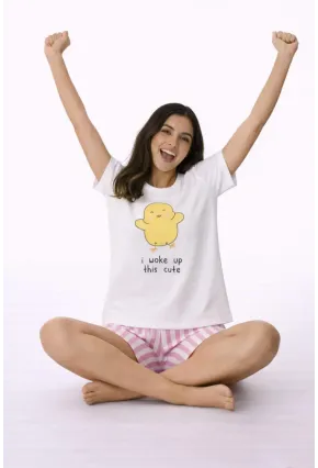 Baskılı Kısa Kollu Şortlu Pamuklu Pijama Takımı