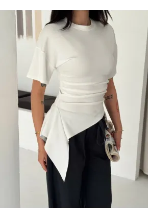 Beyaz Asimetrik Drapeli Modern Basic Bluz