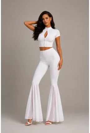 Beyaz Crop Top & İspanyol Paça Pantolon Kadın 2li TakımTakım Beyaz