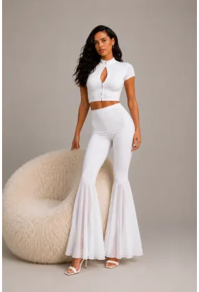 Beyaz Crop Top & İspanyol Paça Pantolon Kadın 2li TakımTakım Beyaz