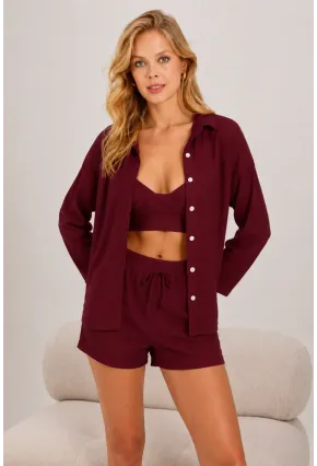 Bordo 3lü Bralı Düz Örme Pijama Takımı