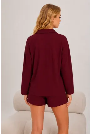 Bordo 3lü Bralı Düz Örme Pijama Takımı