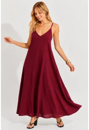 Bordo Askılı Salaş Maxi Elbise
