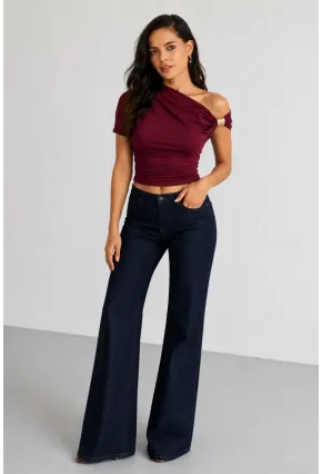 Bordo Gold Tokalı Tek Omuz Drapeli Sandy Bluz