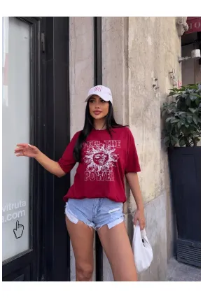 Bordo Güneş Baskılı Oversize Penye T-Shirt – “The Power” Yazılı Trend Tasarım
